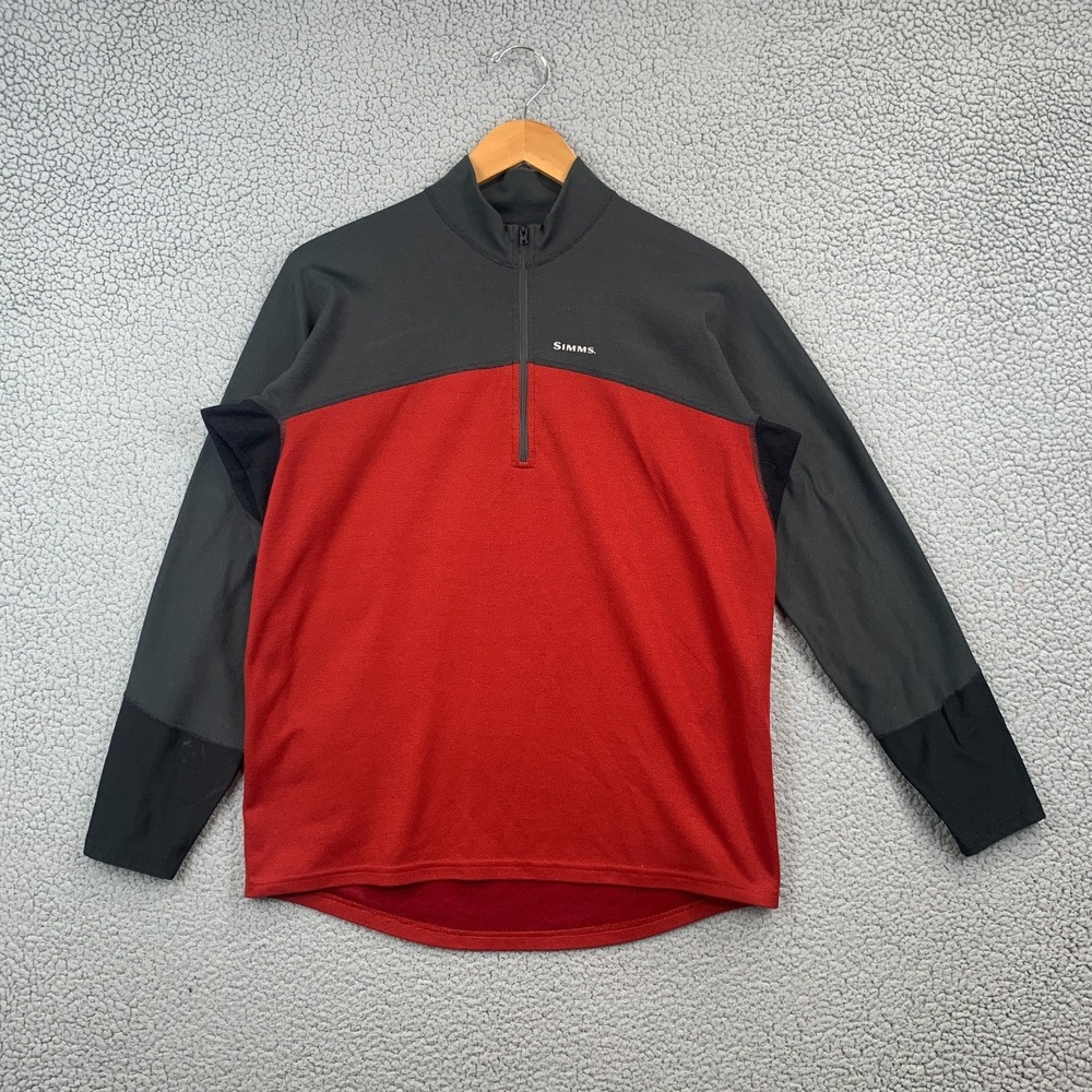 Simms Shirt Mens Large Red Gray 1/4 Zip Pullover Performance Fishing Sweater